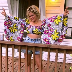 One of a kind, handmade crop top w/ extra large bell sleeves